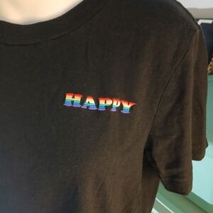 PINK VS Cropped Black Rainbow Colored Logo "HAPPY" Embroidered  Tee Bigger Sized